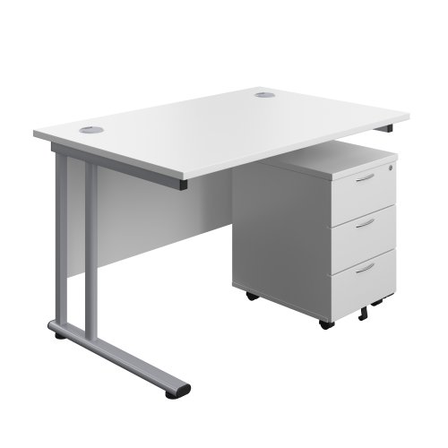 Twin Upright Rectangular Desk + Mobile 3 Drawer Pedestal 1200X800 White/Silver