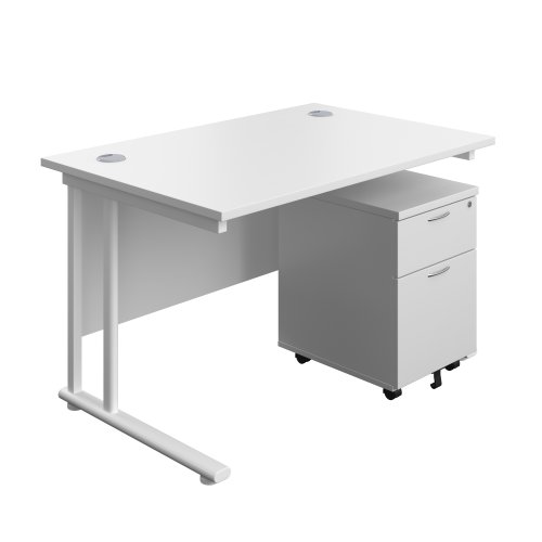 Twin Upright Rectangular Desk + Mobile 2 Drawer Pedestal 1200X800 White/White