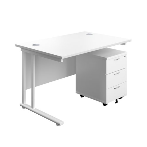 Twin Upright Rectangular Desk + Mobile 3 Drawer Pedestal (FSC) 1200X800 White/White
