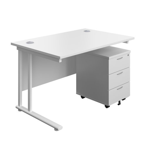 Twin Upright Rectangular Desk + Mobile 3 Drawer Pedestal 1200X800 White/White