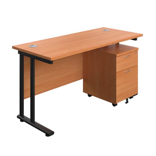 Twin Upright Rectangular Desk + Mobile 2 Drawer Pedestal (FSC) 1400X600 Beech/Black