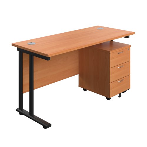 Twin Upright Rectangular Desk + Mobile 3 Drawer Pedestal (FSC) 1400X600 Beech/Black
