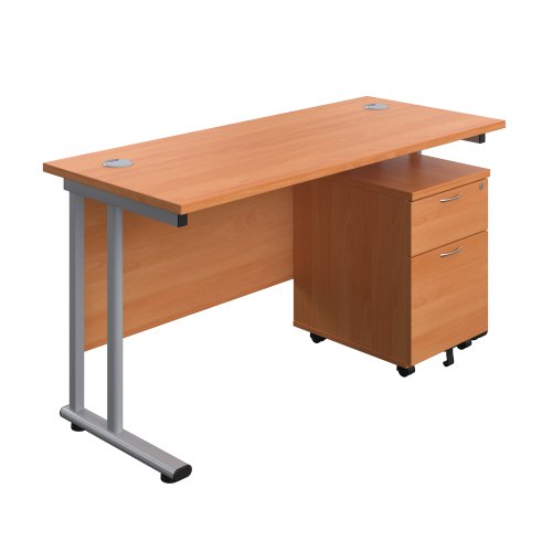 Twin Upright Rectangular Desk + Mobile 2 Drawer Pedestal (FSC) 1400X600 Beech/Silver