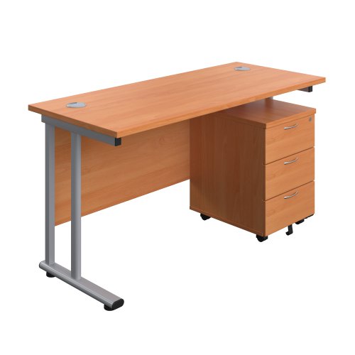 Twin Upright Rectangular Desk + Mobile 3 Drawer Pedestal (FSC) 1400X600 Beech/Silver