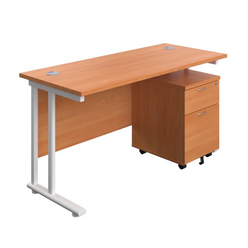 Twin Upright Rectangular Desk + Mobile 2 Drawer Pedestal (FSC) 1400X600 Beech/White