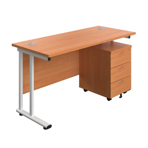 Twin Upright Rectangular Desk + Mobile 3 Drawer Pedestal (FSC) 1400X600 Beech/White