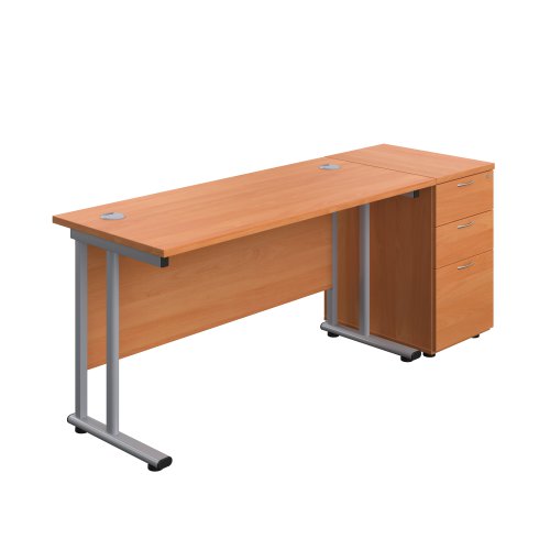 Twin Upright Rectangular Desk + Desk High 3 Drawer Pedestal (FSC) 1400X600 Beech/Silver