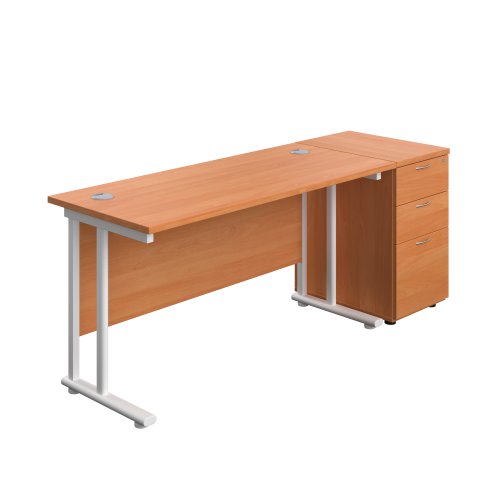 Twin Upright Rectangular Desk + Desk High 3 Drawer Pedestal (FSC) 1400X600 Beech/White