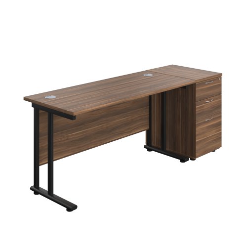Twin Upright Rectangular Desk + Desk High 3 Drawer Pedestal (FSC) 1400X600 Dark Walnut/Black