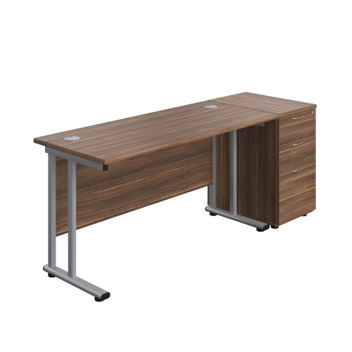 Twin Upright Rectangular Desk + Desk High 3 Drawer Pedestal (FSC) 1400X600 Dark Walnut/Silver