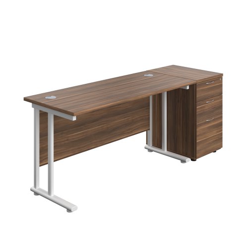 Twin Upright Rectangular Desk + Desk High 3 Drawer Pedestal (FSC) 1400X600 Dark Walnut/White