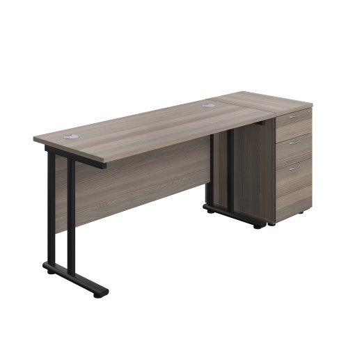 Twin Upright Rectangular Desk + Desk High 3 Drawer Pedestal (FSC) 1400X600 Grey Oak/Black