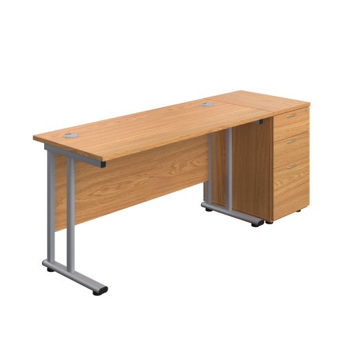 Twin Upright Rectangular Desk + Desk High 3 Drawer Pedestal (FSC) 1400X600 Nova Oak/Silver