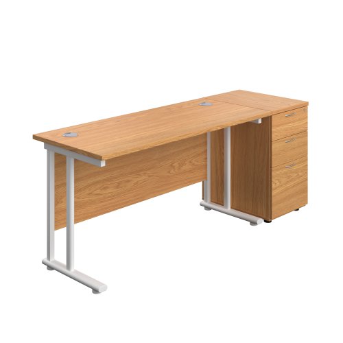 Twin Upright Rectangular Desk + Desk High 3 Drawer Pedestal (FSC) 1400X600 Nova Oak/White