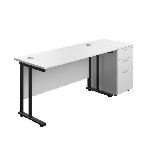 Twin Upright Rectangular Desk + Desk High 3 Drawer Pedestal (FSC) 1400X600 White/Black