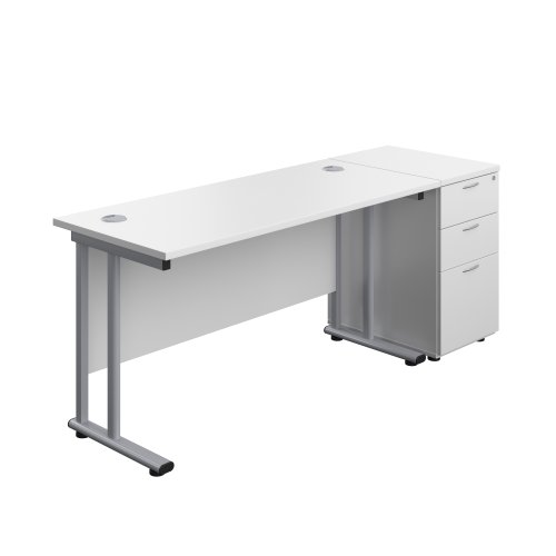 Twin Upright Rectangular Desk + Desk High 3 Drawer Pedestal (FSC) 1400X600 White/Silver