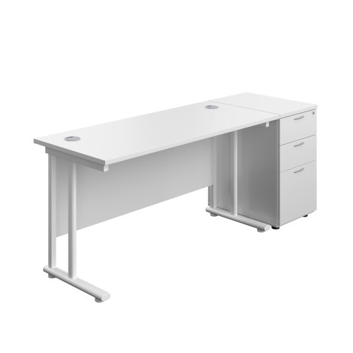 Twin Upright Rectangular Desk + Desk High 3 Drawer Pedestal (FSC) 1400X600 White/White