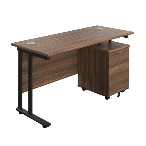 Twin Upright Rectangular Desk + Mobile 2 Drawer Pedestal (FSC) 1400X600 Dark Walnut/Black