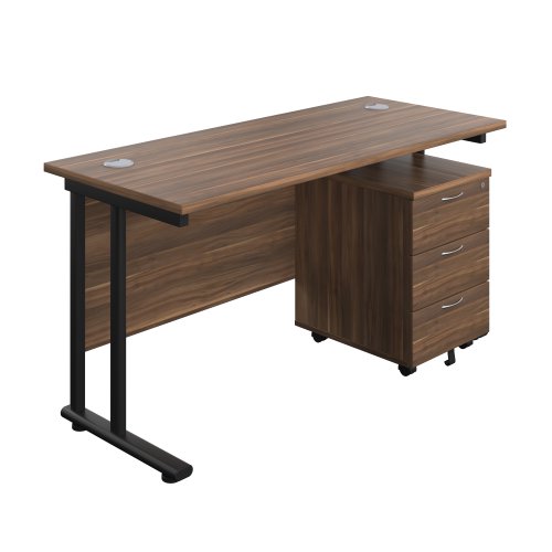 Twin Upright Rectangular Desk + Mobile 3 Drawer Pedestal (FSC) 1400X600 Dark Walnut/Black