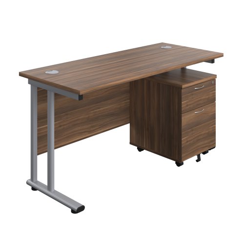 Twin Upright Rectangular Desk + Mobile 2 Drawer Pedestal (FSC) 1400X600 Dark Walnut/Silver