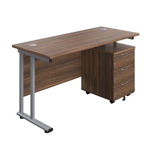 Twin Upright Rectangular Desk + Mobile 3 Drawer Pedestal (FSC) 1400X600 Dark Walnut/Silver
