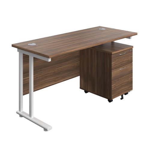 Twin Upright Rectangular Desk + Mobile 2 Drawer Pedestal (FSC) 1400X600 Dark Walnut/White