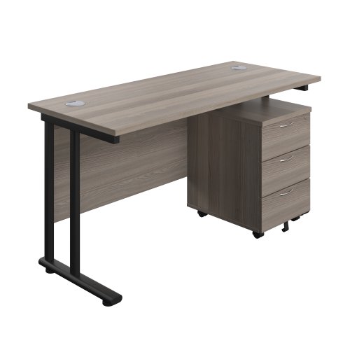 Twin Upright Rectangular Desk + Mobile 3 Drawer Pedestal (FSC) 1400X600 Grey Oak/Black