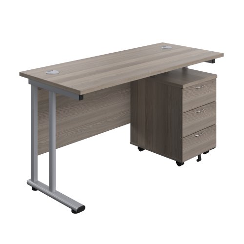 Twin Upright Rectangular Desk + Mobile 3 Drawer Pedestal (FSC) 1400X600 Grey Oak/Silver
