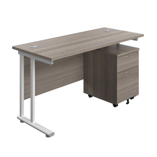 Twin Upright Rectangular Desk + Mobile 2 Drawer Pedestal (FSC) 1400X600 Grey Oak/White