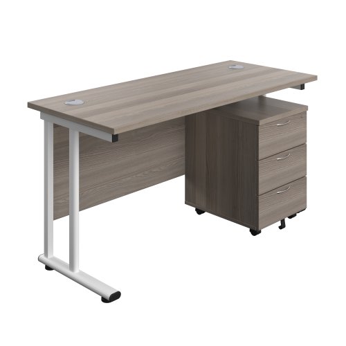 Twin Upright Rectangular Desk + Mobile 3 Drawer Pedestal (FSC) 1400X600 Grey Oak/White