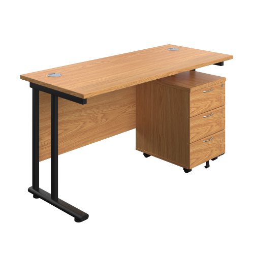 Twin Upright Rectangular Desk + Mobile 3 Drawer Pedestal (FSC) 1400X600 Nova Oak/Black