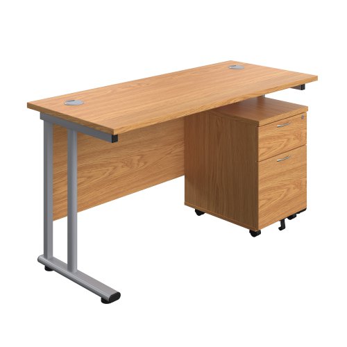 Twin Upright Rectangular Desk + Mobile 2 Drawer Pedestal (FSC) 1400X600 Nova Oak/Silver