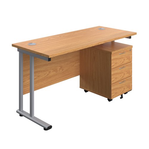 Twin Upright Rectangular Desk + Mobile 3 Drawer Pedestal (FSC) 1400X600 Nova Oak/Silver