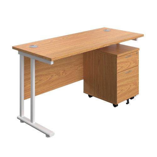 Twin Upright Rectangular Desk + Mobile 2 Drawer Pedestal (FSC) 1400X600 Nova Oak/White