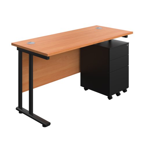 Twin Upright Rectangular Desk + Under Desk Steel Pedestal 3 Drawers (FSC) 1400X600 Beech/Black