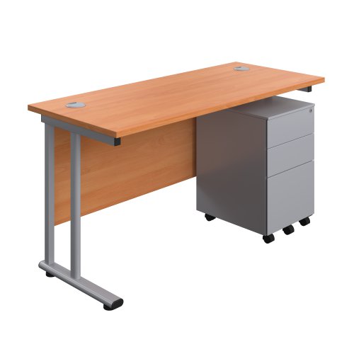 Twin Upright Rectangular Desk + Under Desk Steel Pedestal 3 Drawers (FSC) 1400X600 Beech/Silver