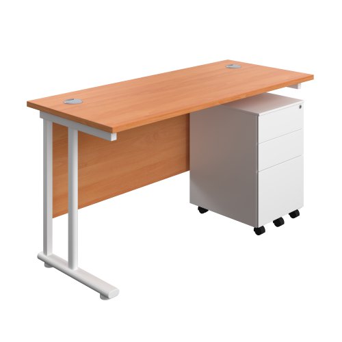 Twin Upright Rectangular Desk + Under Desk Steel Pedestal 3 Drawers (FSC) 1400X600 Beech/White