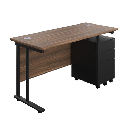 Twin Upright Rectangular Desk + Under Desk Steel Pedestal 3 Drawers (FSC) 1400X600 Dark Walnut/Black