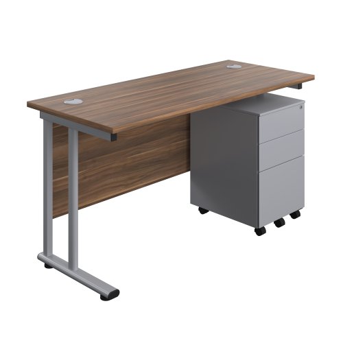 Twin Upright Rectangular Desk + Under Desk Steel Pedestal 3 Drawers (FSC) 1400X600 Dark Walnut/Silver