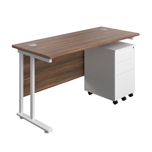 Twin Upright Rectangular Desk + Under Desk Steel Pedestal 3 Drawers (FSC) 1400X600 Dark Walnut/White