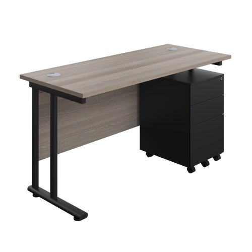 Twin Upright Rectangular Desk + Under Desk Steel Pedestal 3 Drawers (FSC) 1400X600 Grey Oak/Black