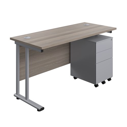 Twin Upright Rectangular Desk + Under Desk Steel Pedestal 3 Drawers (FSC) 1400X600 Grey Oak/Silver