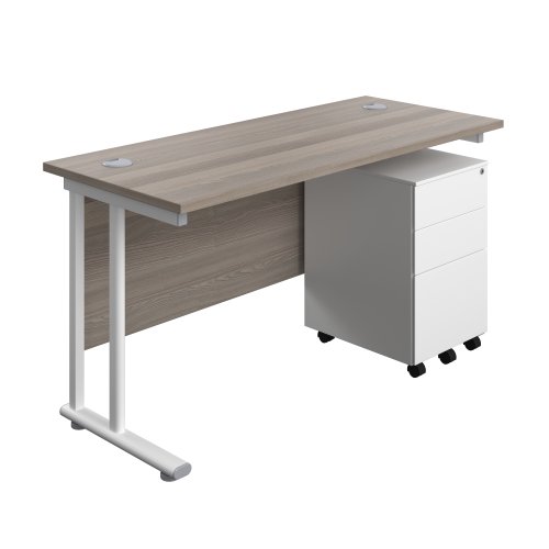 Twin Upright Rectangular Desk + Under Desk Steel Pedestal 3 Drawers (FSC) 1400X600 Grey Oak/White