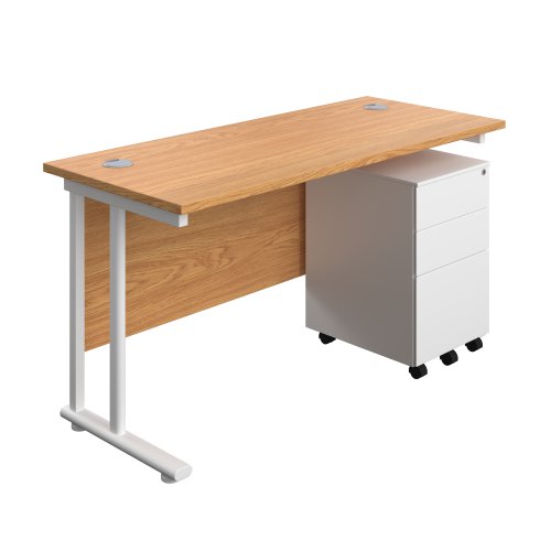 Twin Upright Rectangular Desk + Under Desk Steel Pedestal 3 Drawers (FSC) 1400X600 Nova Oak/White