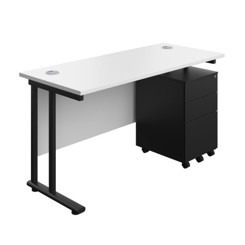 Twin Upright Rectangular Desk + Under Desk Steel Pedestal 3 Drawers (FSC) 1400X600 White/Black
