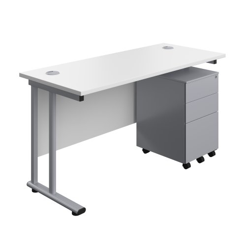 Twin Upright Rectangular Desk + Under Desk Steel Pedestal 3 Drawers (FSC) 1400X600 White/Silver