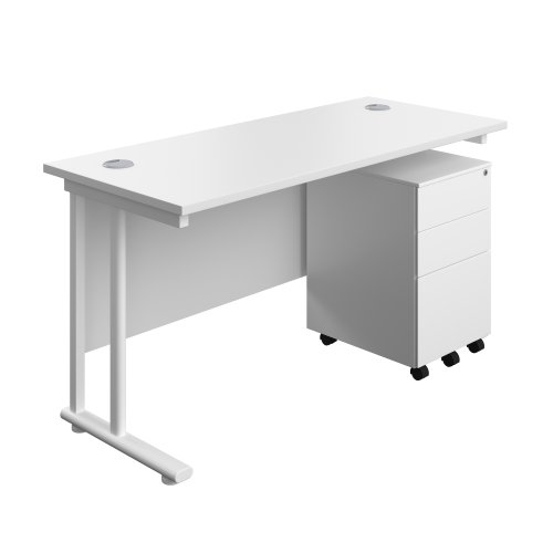Twin Upright Rectangular Desk + Under Desk Steel Pedestal 3 Drawers (FSC) 1400X600 White/White