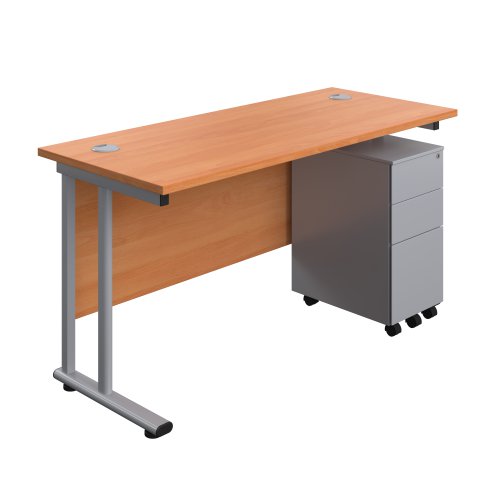 Twin Upright Rectangular Desk + Slimline Steel Pedestal 3 Drawers (FSC) 1400X600 Beech/Silver