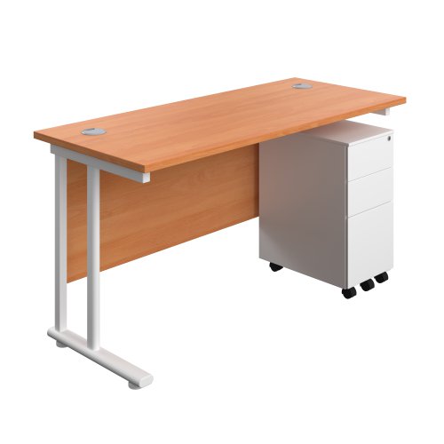 Twin Upright Rectangular Desk + Slimline Steel Pedestal 3 Drawers (FSC) 1400X600 Beech/White