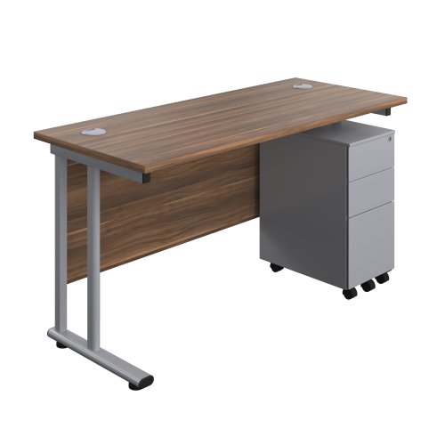 Twin Upright Rectangular Desk + Slimline Steel Pedestal 3 Drawers (FSC) 1400X600 Dark Walnut/Silver